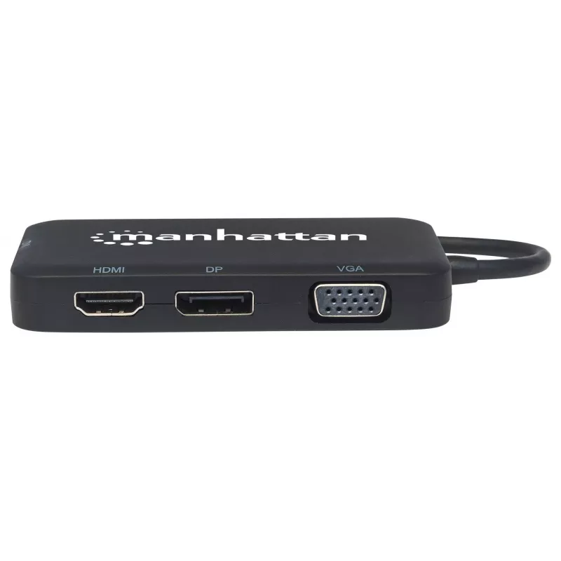 Manhattan USB-C dokstacija/cenrādis, pieslēgvietas (x4): DisplayPort, DVI-I, HDMI vai VGA, Piezīme: Vienlaikus var izmantot tikai vienu pieslēgvietu, Ārējs barošanas avots nav nepieciešams, Universāls visām ierīcēm, Kabelis 8 cm, Melns, Trīs gadu garantija