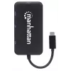 Manhattan USB-C dokstacija/cenrādis, pieslēgvietas (x4): DisplayPort, DVI-I, HDMI vai VGA, Piezīme: Vienlaikus var izmantot tikai vienu pieslēgvietu, Ārējs barošanas avots nav nepieciešams, Universāls visām ierīcēm, Kabelis 8 cm, Melns, Trīs gadu garantija