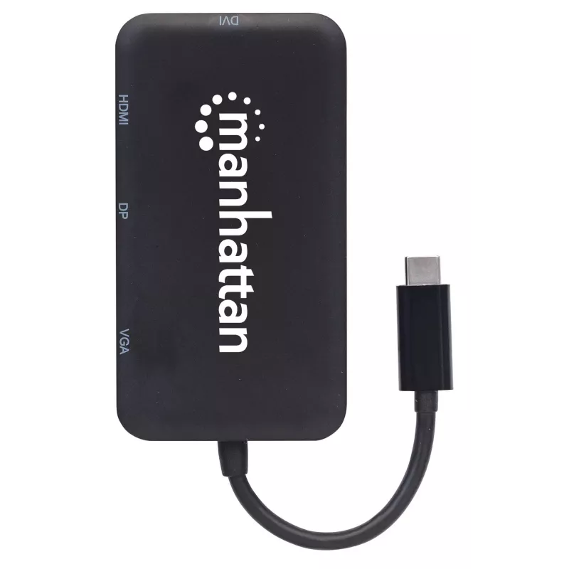 Manhattan USB-C dokstacija/cenrādis, pieslēgvietas (x4): DisplayPort, DVI-I, HDMI vai VGA, Piezīme: Vienlaikus var izmantot tikai vienu pieslēgvietu, Ārējs barošanas avots nav nepieciešams, Universāls visām ierīcēm, Kabelis 8 cm, Melns, Trīs gadu garantija