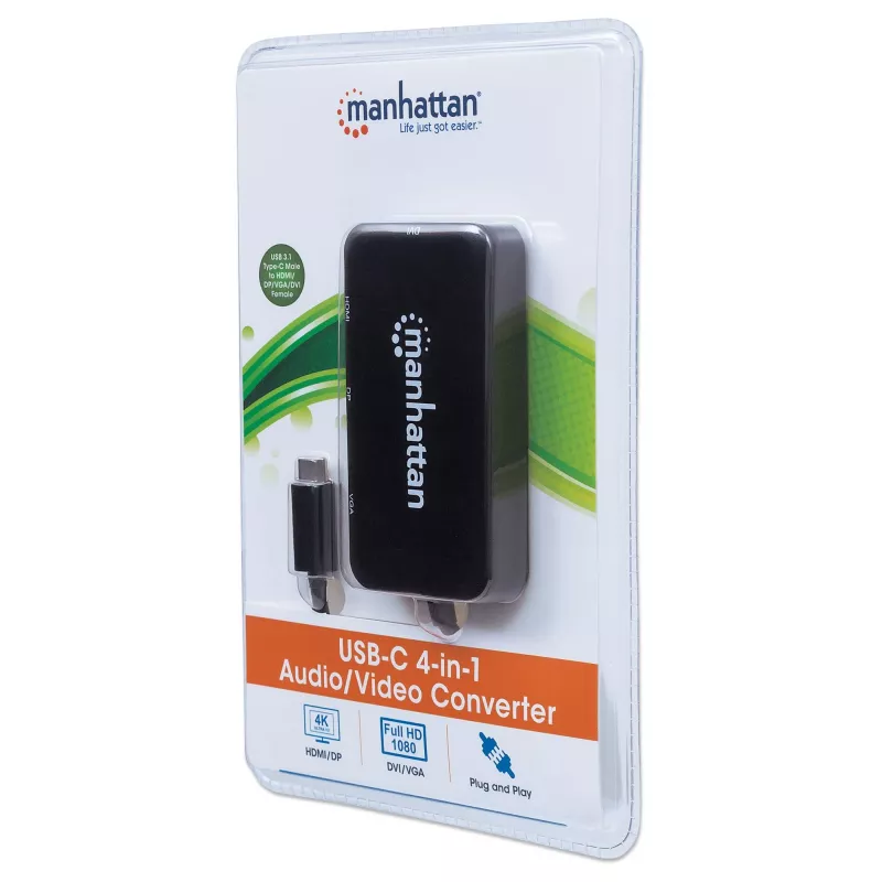 Manhattan USB-C dokstacija/cenrādis, pieslēgvietas (x4): DisplayPort, DVI-I, HDMI vai VGA, Piezīme: Vienlaikus var izmantot tikai vienu pieslēgvietu, Ārējs barošanas avots nav nepieciešams, Universāls visām ierīcēm, Kabelis 8 cm, Melns, Trīs gadu garantija