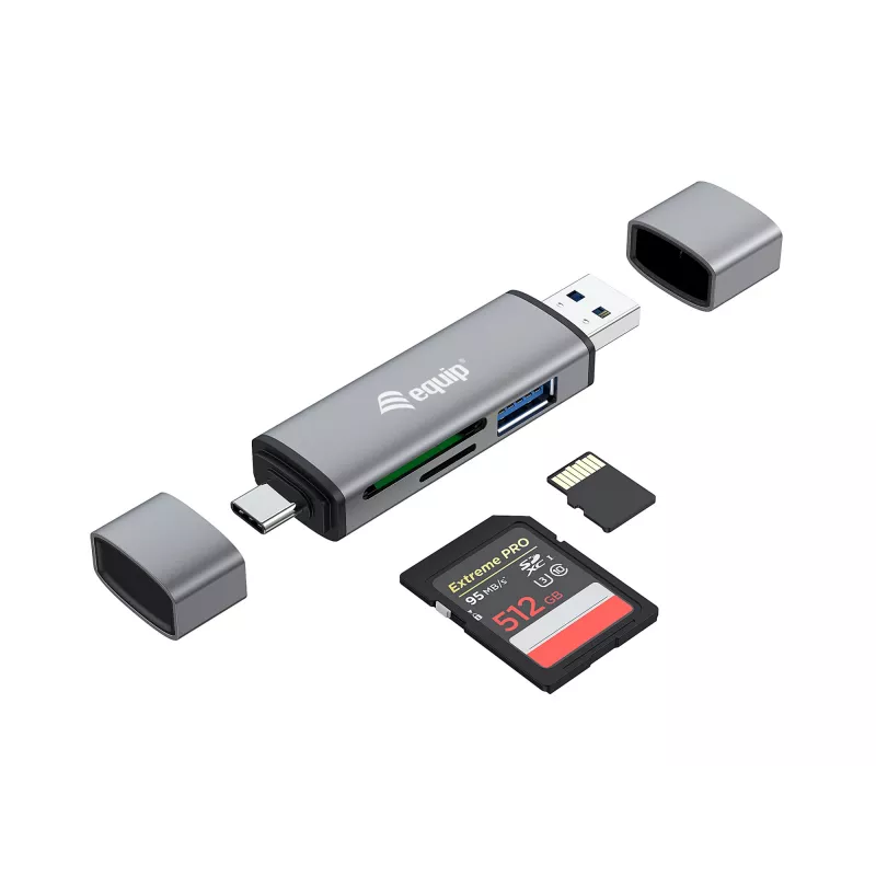 Equip karšu lasītājs ar USB 3.0 centrmezglu, OTG, MicroSD (TransFlash), MicroSDHC, SD, SDHC, pelēks, CE un RoHS, USB 3.2 Gen 1 (3.1 Gen 1) Type-A/Type-C, 202 mm, 12 mm