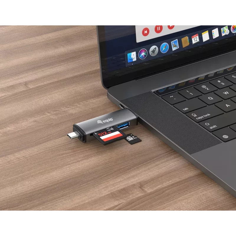 Equip karšu lasītājs ar USB 3.0 centrmezglu, OTG, MicroSD (TransFlash), MicroSDHC, SD, SDHC, pelēks, CE un RoHS, USB 3.2 Gen 1 (3.1 Gen 1) Type-A/Type-C, 202 mm, 12 mm
