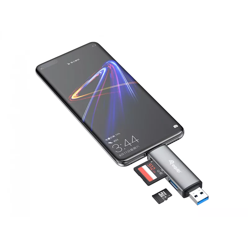 Equip karšu lasītājs ar USB 3.0 centrmezglu, OTG, MicroSD (TransFlash), MicroSDHC, SD, SDHC, pelēks, CE un RoHS, USB 3.2 Gen 1 (3.1 Gen 1) Type-A/Type-C, 202 mm, 12 mm
