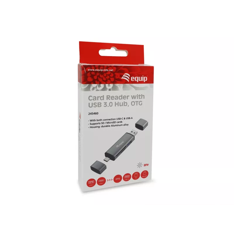 Equip karšu lasītājs ar USB 3.0 centrmezglu, OTG, MicroSD (TransFlash), MicroSDHC, SD, SDHC, pelēks, CE un RoHS, USB 3.2 Gen 1 (3.1 Gen 1) Type-A/Type-C, 202 mm, 12 mm