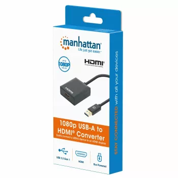 Manhattan USB-A uz HDMI kabelis, 1080p@60Hz, pārveido USB 3.2 Gen1 (jeb USB 3.0) signālu uz HDMI, 15cm, melns, vīrišķais uz sievišķo, trīs gadu garantija