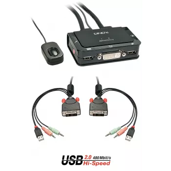 Lindy 2 Port DVI-D Single Link, USB 2.0 un Audio KVM Slēdzis Kompakts