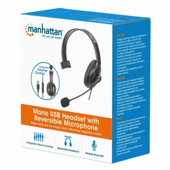 Manhattan Mono Over-Ear Headset (USB), Reversible Microphone Boom (padded), Retail Box Packaging, In-Line Volume/Mute Control, Padded Ear Cushion, USB-A for both sound and mic use, kabelis 2m, Three Year Warranty