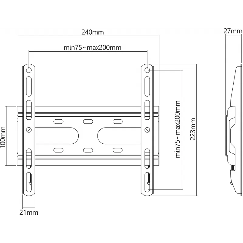 Manhattan sienas stiprinājums televizoriem un monitoriem (fiksēts, īpaši plāns), ekrāniem no 23 collām līdz 42 collām, VESA savietojamība: viss starp 75x75 mm līdz 200x200 mm – pārbaudiet četru montāžas caurumu izmērus ekrāna aizmugurē, lai pārliecinātos, ka der, maks. 45 kg, melns, kronšteins