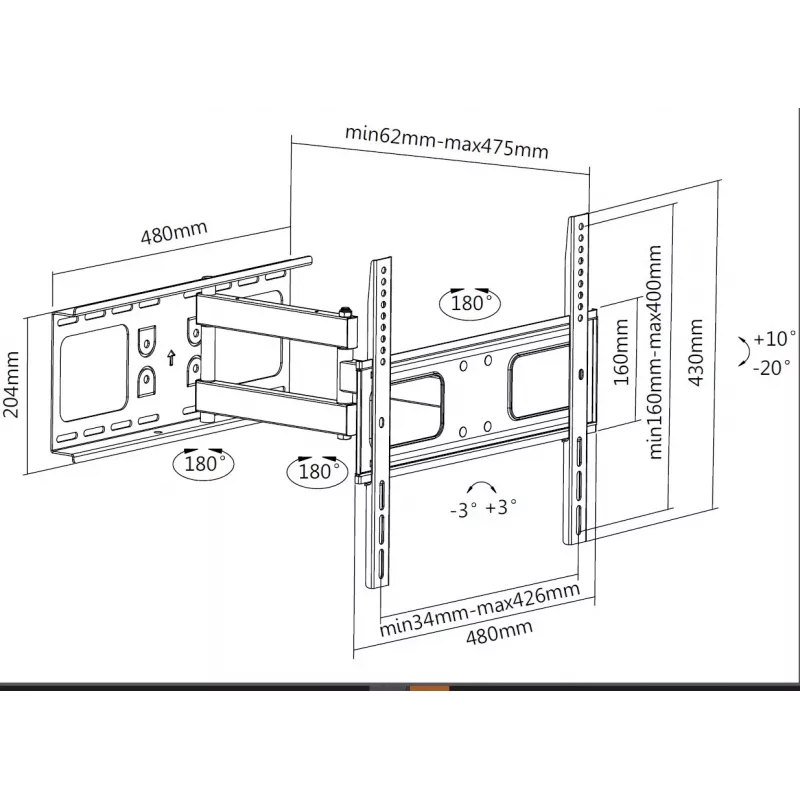 Equip 32 collu-55” regulējams TV sienas stiprinājuma kronšteins, 200 x 200 mm, 400 x 400 mm, -20 - 10°, -90 - 90°, tērauds, melns