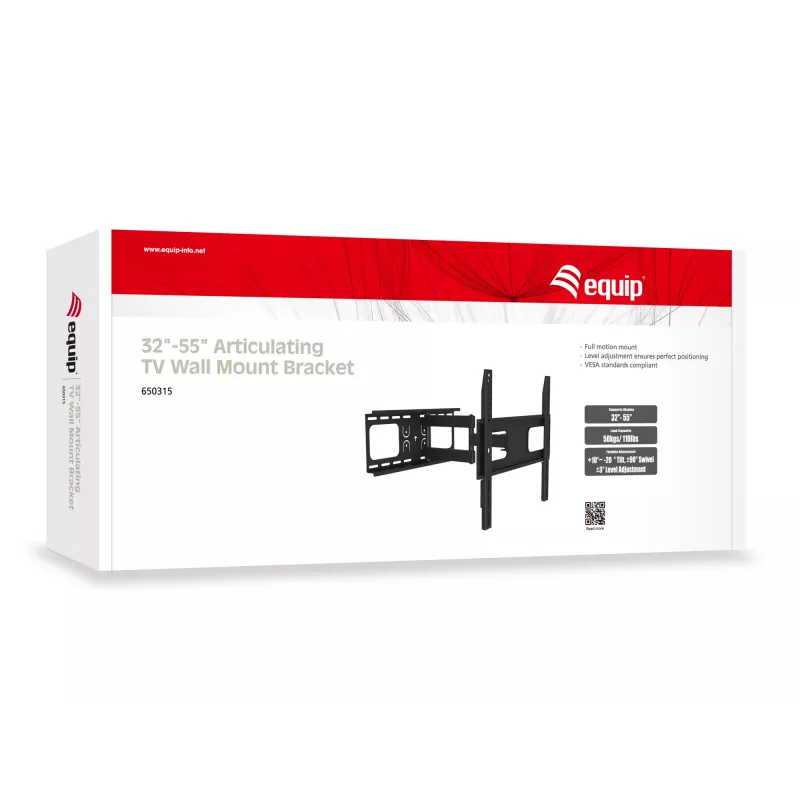 Equip 32 collu-55” regulējams TV sienas stiprinājuma kronšteins, 200 x 200 mm, 400 x 400 mm, -20 - 10°, -90 - 90°, tērauds, melns