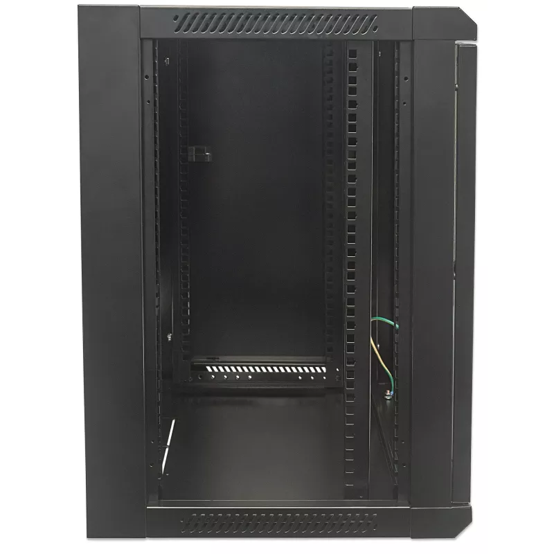 Intellinet 19 collu tīkla skapis - pie sienas stiprināms (standarta), 12U, 600 mm dziļš, melns, plakanā iepakojumā, maks. 60 kg, piemērots arī lietošanai uz galda vai grīdas, izmantojamais dziļums 410 mm, metāla un stikla durvis, aizmugurējais panelis, noņemami sāni, detaļas stiprināšanai pie sienas (piem., skrūves, dībeļi) nav iekļautas