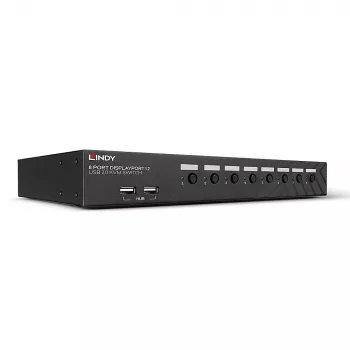 Lindy 8 pieslēgvietu DisplayPort 1.2, USB 2.0 un audio KVM slēdzis, 3840 x 2160 pikseļi, 4K Ultra HD, statīva montāža, 1U, melns
