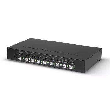 Lindy 8 pieslēgvietu DisplayPort 1.2, USB 2.0 un audio KVM slēdzis, 3840 x 2160 pikseļi, 4K Ultra HD, statīva montāža, 1U, melns