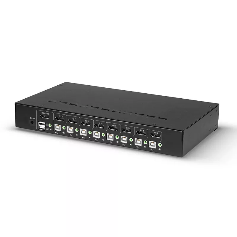 Lindy 8 pieslēgvietu DisplayPort 1.2, USB 2.0 un audio KVM slēdzis, 3840 x 2160 pikseļi, 4K Ultra HD, statīva montāža, 1U, melns