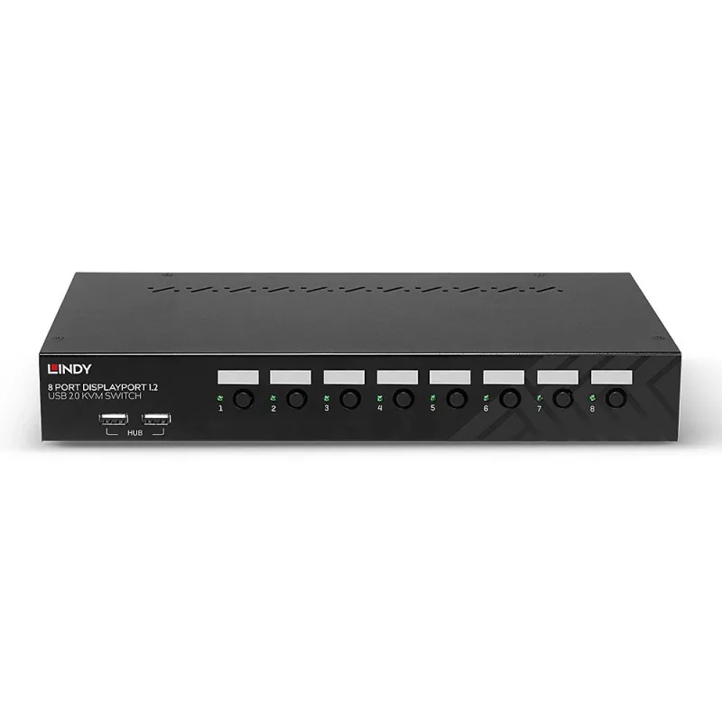 Lindy 8 pieslēgvietu DisplayPort 1.2, USB 2.0 un audio KVM slēdzis, 3840 x 2160 pikseļi, 4K Ultra HD, statīva montāža, 1U, melns