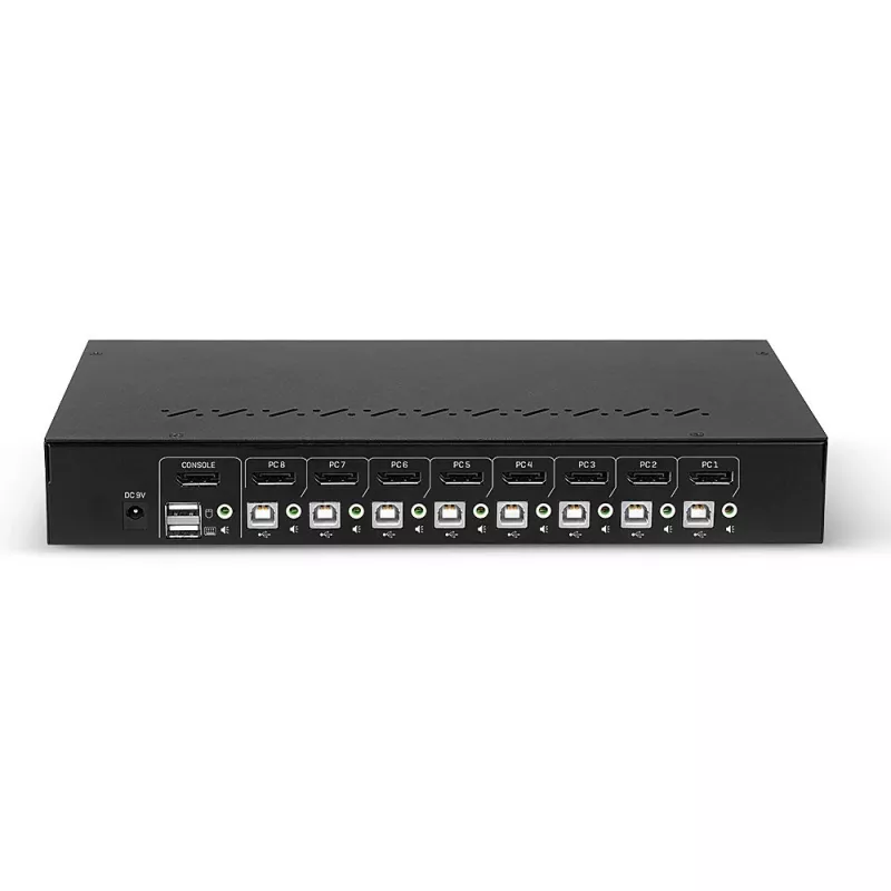 Lindy 8 pieslēgvietu DisplayPort 1.2, USB 2.0 un audio KVM slēdzis, 3840 x 2160 pikseļi, 4K Ultra HD, statīva montāža, 1U, melns
