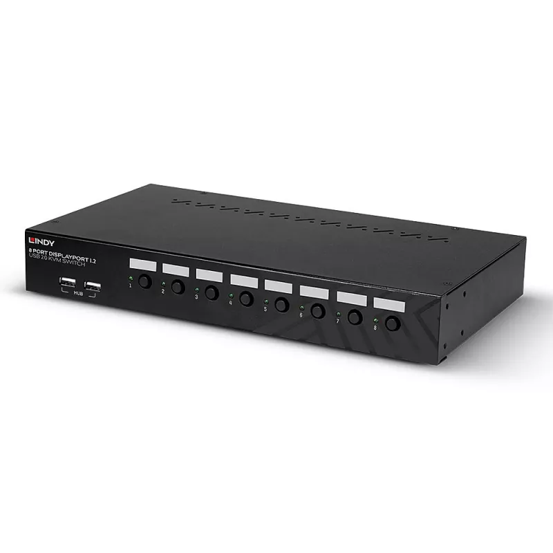 Lindy 8 pieslēgvietu DisplayPort 1.2, USB 2.0 un audio KVM slēdzis, 3840 x 2160 pikseļi, 4K Ultra HD, statīva montāža, 1U, melns