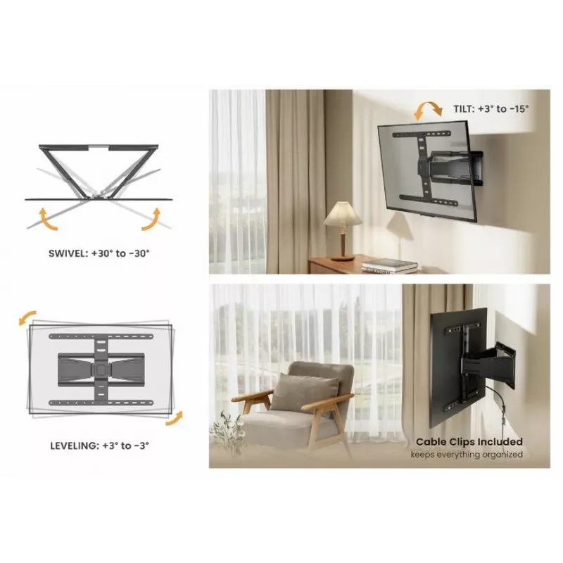 Equip 43 collas-90 collas īpaši plāns pilnas kustības TV sienas stiprinājuma kronšteins