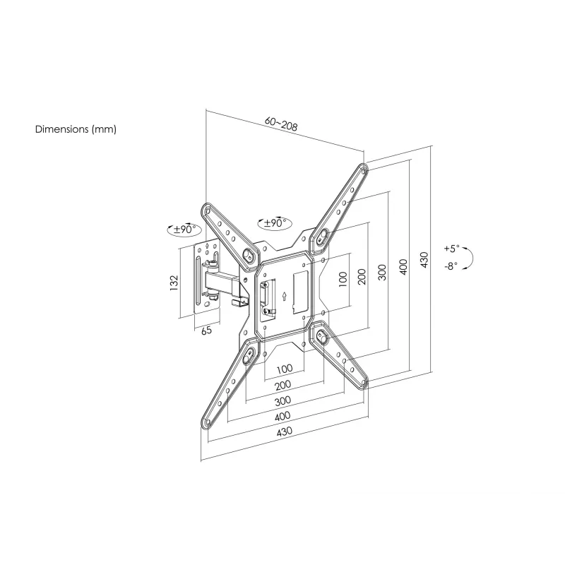 Equip 23 collu-55 collu pilnas kustības TV sienas stiprinājuma kronšteins, 100 x 100 mm, 400 x 400 mm, -8 - 5°, -90 - 90°, nerūsējošais tērauds, melns
