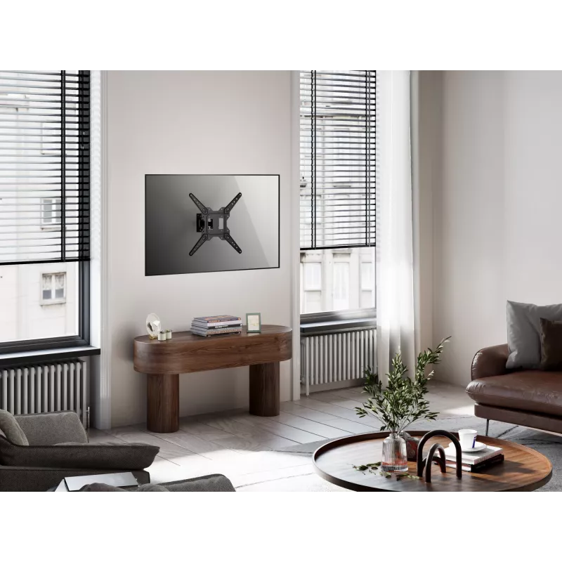 Equip 23 collu-55 collu pilnas kustības TV sienas stiprinājuma kronšteins, 100 x 100 mm, 400 x 400 mm, -8 - 5°, -90 - 90°, nerūsējošais tērauds, melns