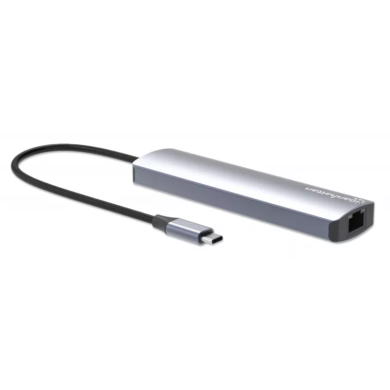 Manhattan USB-C dokstacija/rumbulis, pieslēgvietas (x6): Ethernet, HDMI, USB-A (x3) un USB-C, ar jaudas piegādi (PD) 100 W - nepieciešams ārējs USB-C lādētājs (nav iekļauts). Barošana caur USB (ārējs barošanas avots nav nepieciešams), kad PD netiek izmantots