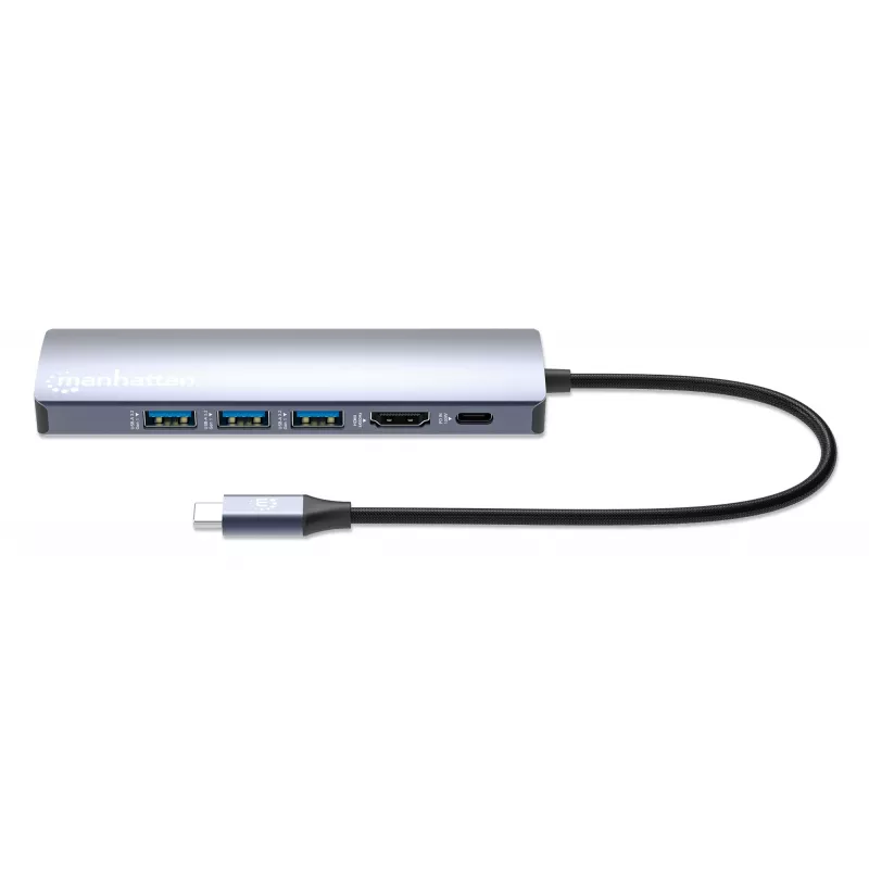 Manhattan USB-C dokstacija/rumbulis, pieslēgvietas (x6): Ethernet, HDMI, USB-A (x3) un USB-C, ar jaudas piegādi (PD) 100 W - nepieciešams ārējs USB-C lādētājs (nav iekļauts). Barošana caur USB (ārējs barošanas avots nav nepieciešams), kad PD netiek izmantots
