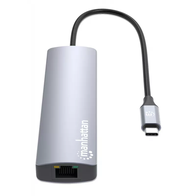 Manhattan USB-C dokstacija/rumbulis, pieslēgvietas (x6): Ethernet, HDMI, USB-A (x3) un USB-C, ar jaudas piegādi (PD) 100 W - nepieciešams ārējs USB-C lādētājs (nav iekļauts). Barošana caur USB (ārējs barošanas avots nav nepieciešams), kad PD netiek izmantots