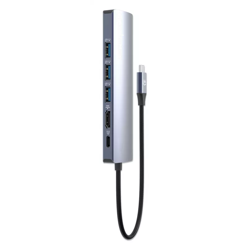 Manhattan USB-C dokstacija/rumbulis, pieslēgvietas (x6): Ethernet, HDMI, USB-A (x3) un USB-C, ar jaudas piegādi (PD) 100 W - nepieciešams ārējs USB-C lādētājs (nav iekļauts). Barošana caur USB (ārējs barošanas avots nav nepieciešams), kad PD netiek izmantots