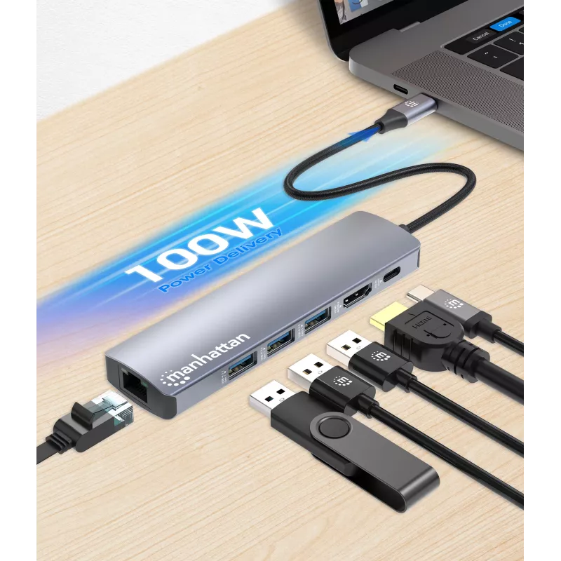 Manhattan USB-C dokstacija/rumbulis, pieslēgvietas (x6): Ethernet, HDMI, USB-A (x3) un USB-C, ar jaudas piegādi (PD) 100 W - nepieciešams ārējs USB-C lādētājs (nav iekļauts). Barošana caur USB (ārējs barošanas avots nav nepieciešams), kad PD netiek izmantots