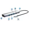 Manhattan USB-C dokstacija/rumbulis, pieslēgvietas (x6): Ethernet, HDMI, USB-A (x3) un USB-C, ar jaudas piegādi (PD) 100 W - nepieciešams ārējs USB-C lādētājs (nav iekļauts). Barošana caur USB (ārējs barošanas avots nav nepieciešams), kad PD netiek izmantots