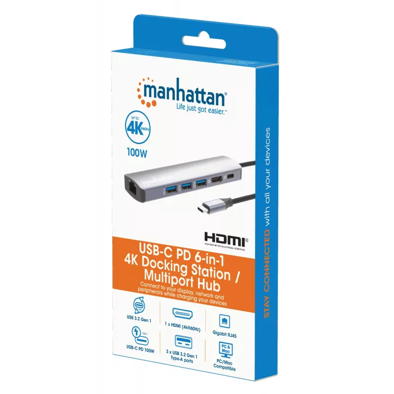 Manhattan USB-C dokstacija/rumbulis, pieslēgvietas (x6): Ethernet, HDMI, USB-A (x3) un USB-C, ar jaudas piegādi (PD) 100 W - nepieciešams ārējs USB-C lādētājs (nav iekļauts). Barošana caur USB (ārējs barošanas avots nav nepieciešams), kad PD netiek izmantots