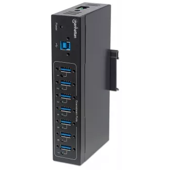 Manhattan USB-A 7 portu rūpnieciskais centrmezgls, 7x USB-A porti, 5 Gbps (USB 3.2 Gen1 jeb USB 3.0), 20 kV ESD aizsardzība, maiņstrāvas, kopnes un spaiļu bloka barošanas opcijas, DIN sliede, piestiprināms pie sienas, metāla korpuss, skrūvju bloķēšanas drošība