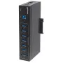 Manhattan USB-A 7 portu rūpnieciskais centrmezgls, 7x USB-A porti, 5 Gbps (USB 3.2 Gen1 jeb USB 3.0), 20 kV ESD aizsardzība, maiņstrāvas, kopnes un spaiļu bloka barošanas opcijas, DIN sliede, piestiprināms pie sienas, metāla korpuss, skrūvju bloķēšanas drošība