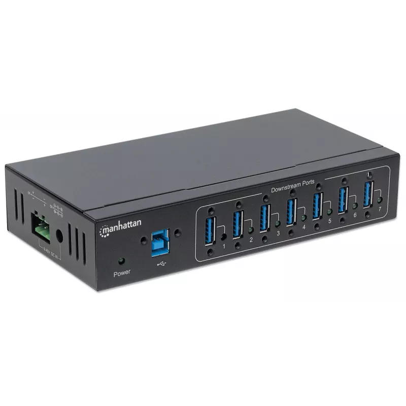 Manhattan USB-A 7 portu rūpnieciskais centrmezgls, 7x USB-A porti, 5 Gbps (USB 3.2 Gen1 jeb USB 3.0), 20 kV ESD aizsardzība, maiņstrāvas, kopnes un spaiļu bloka barošanas opcijas, DIN sliede, piestiprināms pie sienas, metāla korpuss, skrūvju bloķēšanas drošība