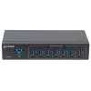 Manhattan USB-A 7 portu rūpnieciskais centrmezgls, 7x USB-A porti, 5 Gbps (USB 3.2 Gen1 jeb USB 3.0), 20 kV ESD aizsardzība, maiņstrāvas, kopnes un spaiļu bloka barošanas opcijas, DIN sliede, piestiprināms pie sienas, metāla korpuss, skrūvju bloķēšanas drošība