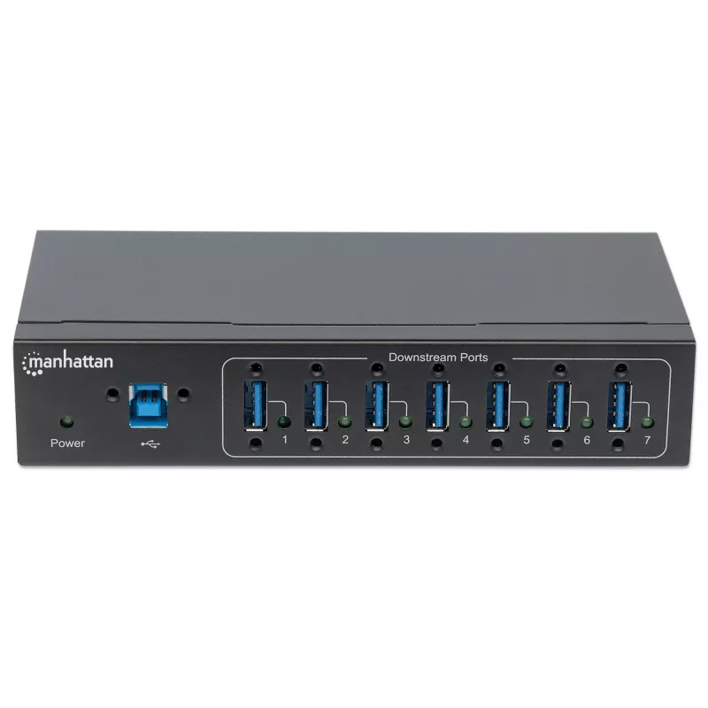 Manhattan USB-A 7 portu rūpnieciskais centrmezgls, 7x USB-A porti, 5 Gbps (USB 3.2 Gen1 jeb USB 3.0), 20 kV ESD aizsardzība, maiņstrāvas, kopnes un spaiļu bloka barošanas opcijas, DIN sliede, piestiprināms pie sienas, metāla korpuss, skrūvju bloķēšanas drošība
