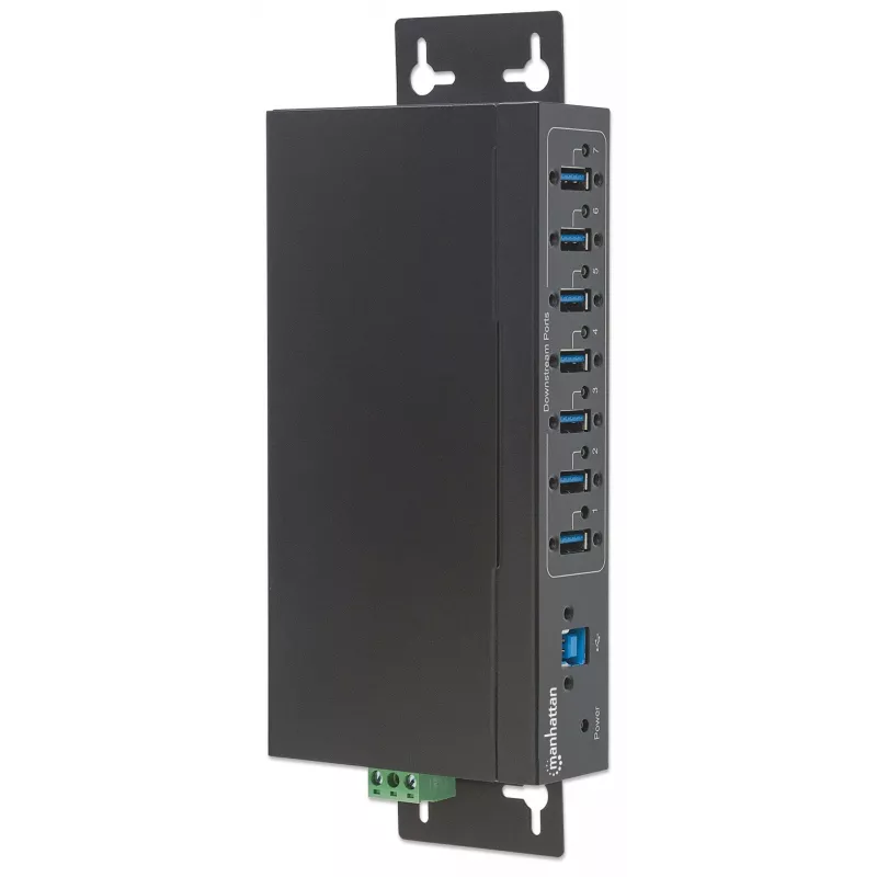 Manhattan USB-A 7 portu rūpnieciskais centrmezgls, 7x USB-A porti, 5 Gbps (USB 3.2 Gen1 jeb USB 3.0), 20 kV ESD aizsardzība, maiņstrāvas, kopnes un spaiļu bloka barošanas opcijas, DIN sliede, piestiprināms pie sienas, metāla korpuss, skrūvju bloķēšanas drošība