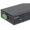 Manhattan USB-A 7 portu rūpnieciskais centrmezgls, 7x USB-A porti, 5 Gbps (USB 3.2 Gen1 jeb USB 3.0), 20 kV ESD aizsardzība, maiņstrāvas, kopnes un spaiļu bloka barošanas opcijas, DIN sliede, piestiprināms pie sienas, metāla korpuss, skrūvju bloķēšanas drošība