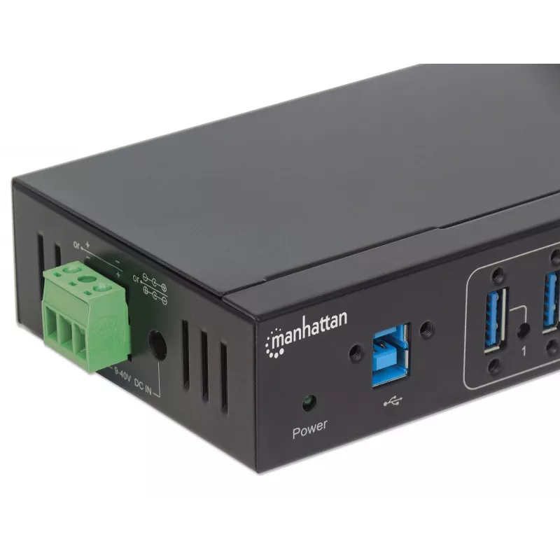 Manhattan USB-A 7 portu rūpnieciskais centrmezgls, 7x USB-A porti, 5 Gbps (USB 3.2 Gen1 jeb USB 3.0), 20 kV ESD aizsardzība, maiņstrāvas, kopnes un spaiļu bloka barošanas opcijas, DIN sliede, piestiprināms pie sienas, metāla korpuss, skrūvju bloķēšanas drošība