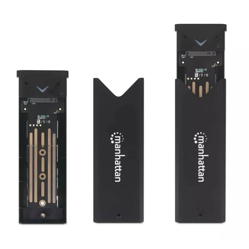 Manhattan M.2 NVMe SSD korpuss, USB-C sievišķais savienotājs, 10 Gbps (USB 3.2 Gen2 aka USB 3.1), UASP-saderīgs, SuperSpeed+ USB, alumīnijs, melns, trīs gadu garantija