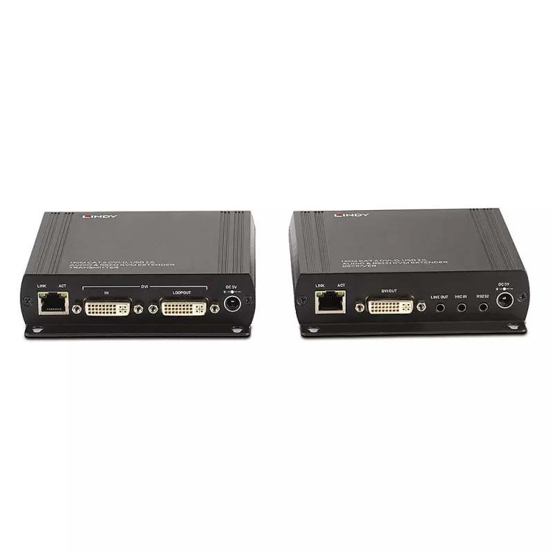 Lindy 140m Cat.6 DVI-D, USB, Audio un RS-232 KVM paplašinātājs, Raidītājs un uztvērējs, Vadu, 140 m, Cat6, 60 Hz, Melna