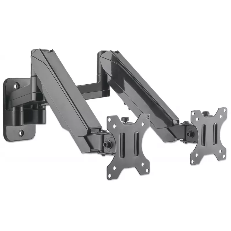 Manhattan Dual Wall Mount for TV & Monitors (Full Motion Gas Spring), Ekrāniem 17 inch līdz 32 inch, VESA saderība: 75x75 mm un 100x100 mm - pārbaudiet četru montāžas caurumu izmērus ekrāna aizmugurē, lai nodrošinātu atbilstību, Maks. 8 kg katram, Melns, Kronšteins
