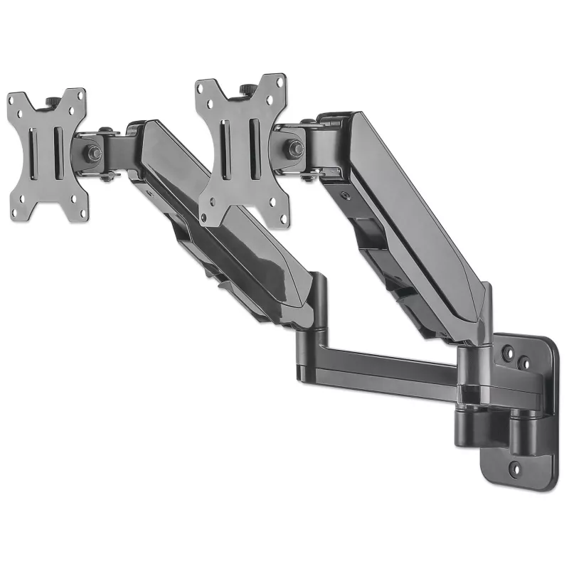 Manhattan Dual Wall Mount for TV & Monitors (Full Motion Gas Spring), Ekrāniem 17 inch līdz 32 inch, VESA saderība: 75x75 mm un 100x100 mm - pārbaudiet četru montāžas caurumu izmērus ekrāna aizmugurē, lai nodrošinātu atbilstību, Maks. 8 kg katram, Melns, Kronšteins