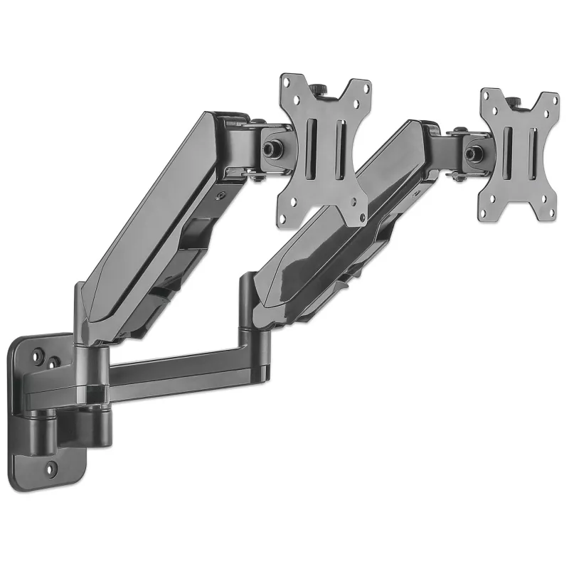 Manhattan Dual Wall Mount for TV & Monitors (Full Motion Gas Spring), Ekrāniem 17 inch līdz 32 inch, VESA saderība: 75x75 mm un 100x100 mm - pārbaudiet četru montāžas caurumu izmērus ekrāna aizmugurē, lai nodrošinātu atbilstību, Maks. 8 kg katram, Melns, Kronšteins