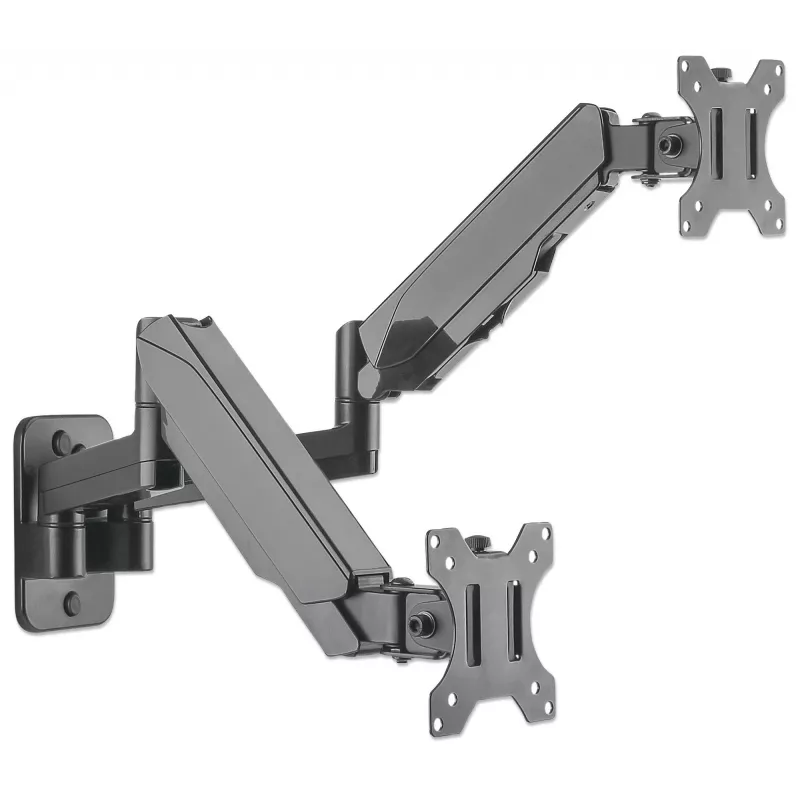 Manhattan Dual Wall Mount for TV & Monitors (Full Motion Gas Spring), Ekrāniem 17 inch līdz 32 inch, VESA saderība: 75x75 mm un 100x100 mm - pārbaudiet četru montāžas caurumu izmērus ekrāna aizmugurē, lai nodrošinātu atbilstību, Maks. 8 kg katram, Melns, Kronšteins