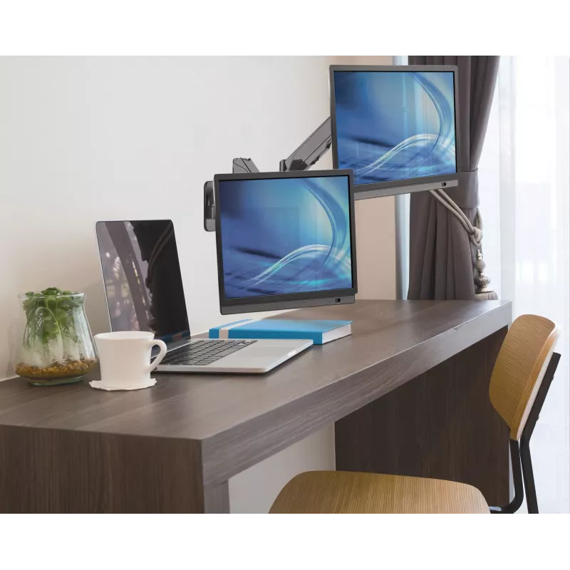 Manhattan Dual Wall Mount for TV & Monitors (Full Motion Gas Spring), Ekrāniem 17 inch līdz 32 inch, VESA saderība: 75x75 mm un 100x100 mm - pārbaudiet četru montāžas caurumu izmērus ekrāna aizmugurē, lai nodrošinātu atbilstību, Maks. 8 kg katram, Melns, Kronšteins