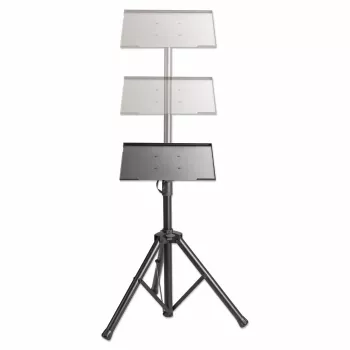 Manhattan Tripod Floor Mount TV/Monitoram/Projektoram/Portatīvajam datoram, Ekrāniem: 13 collas līdz 32 collas, VESA saderība: 75x75 un 100x100 mm - pārbaudiet četru montāžas caurumu izmērus ekrāna aizmugurē, lai pārliecinātos par piemērotību, Maks. 15 kg, Augstuma regulēšana, Melns, Kronšteins