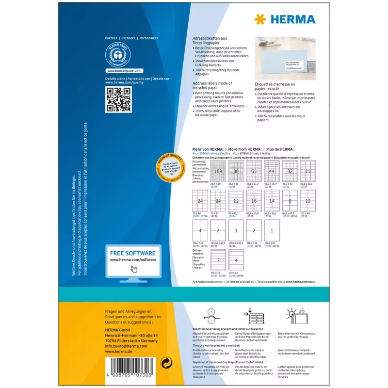 Pašlīmējošā printera etiķete HERMA 10730 Balta 9.91x3.38 cm 1280 etiķetes