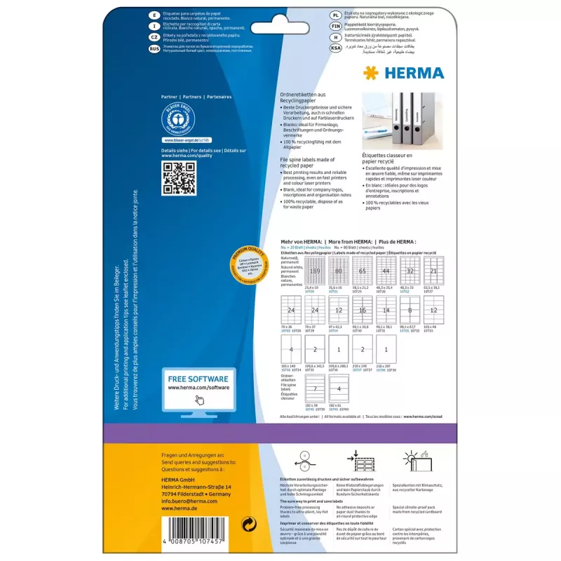 Pašlīmējošās printera etiķetes HERMA 10745 Baltas 19.2x3.8 cm 140 etiķetes
