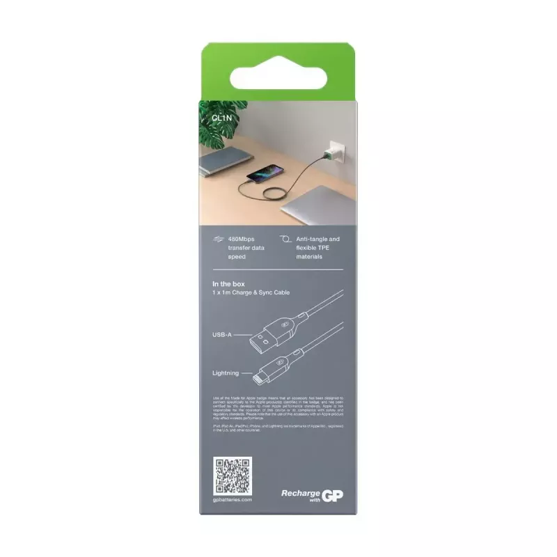 Kabelis GP Batteries CL1N 1m Lightning uz USB A 12W 2.4A